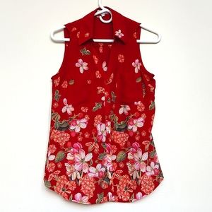 Express | Red Floral Sheer Button Down Tank w/Collar